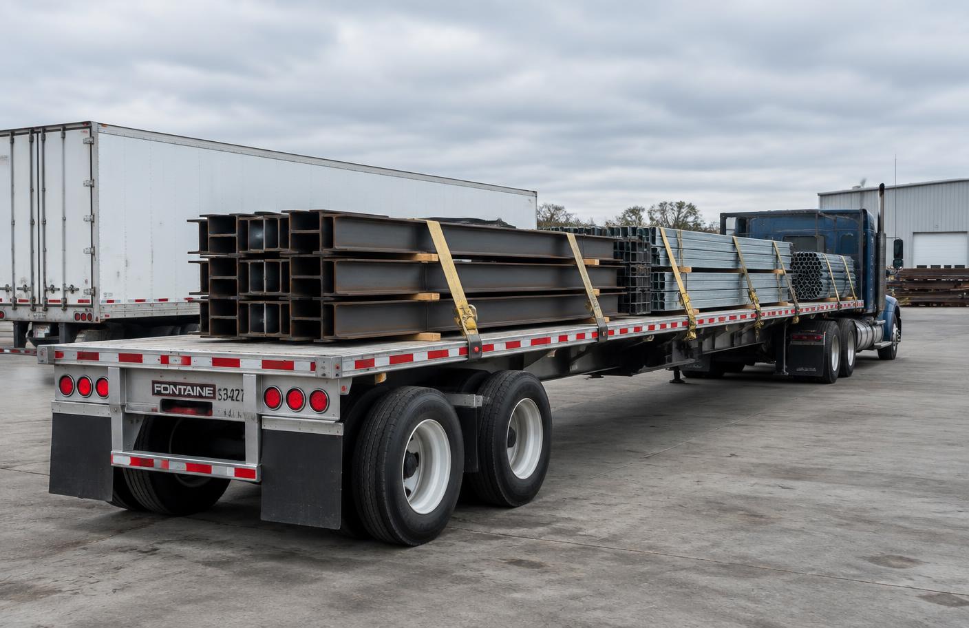 Flatbed trailer loaded with strapped steel beams at an industrial yard