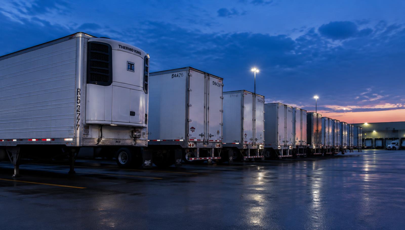 Row of Midland Freight Lines trailers parked at a freight terminal at dusk