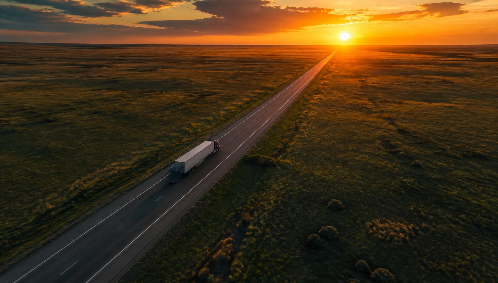 Semi truck traveling a long highway at sunset seen from above