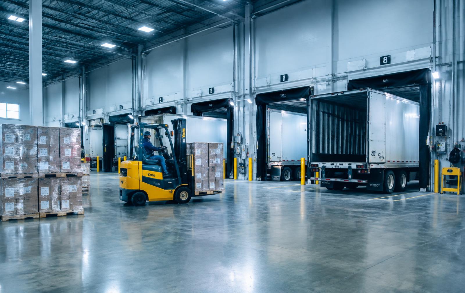 Freight being loaded into trailers at a distribution center dock